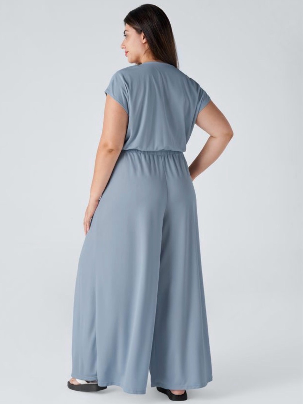 Halara V Neck Short Sleeve Pocket Wide Leg Flowy Waffle Casual Jumpsuit - Picture 2 of 7